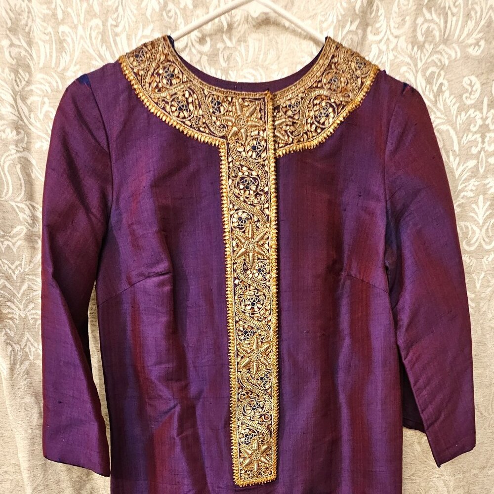Maharani of India '60s dupioni silk Jackie O dress thick gold bullion embroidery